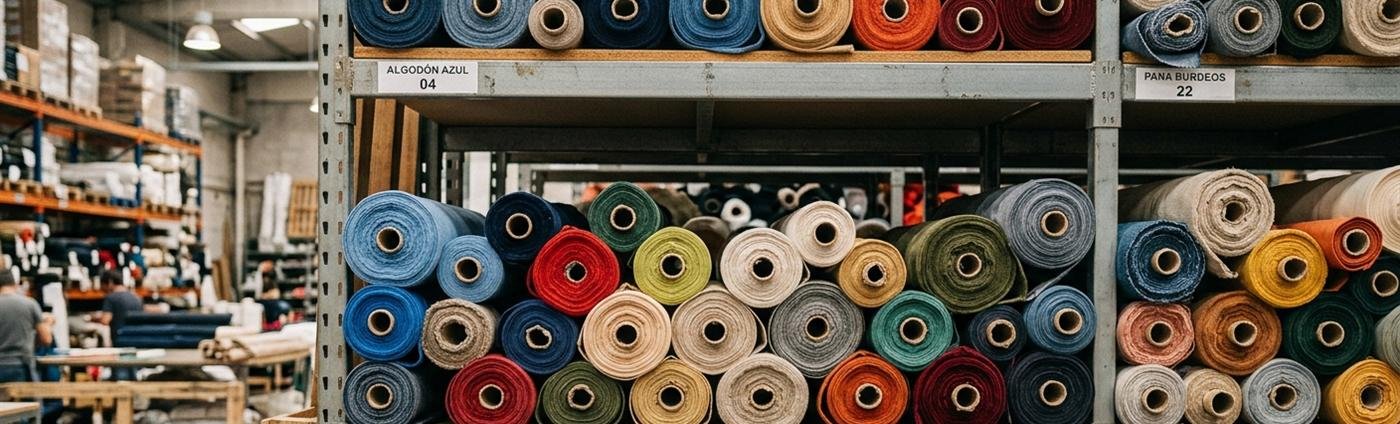 Rollos de tela de distintos colores y texturas en un deposito